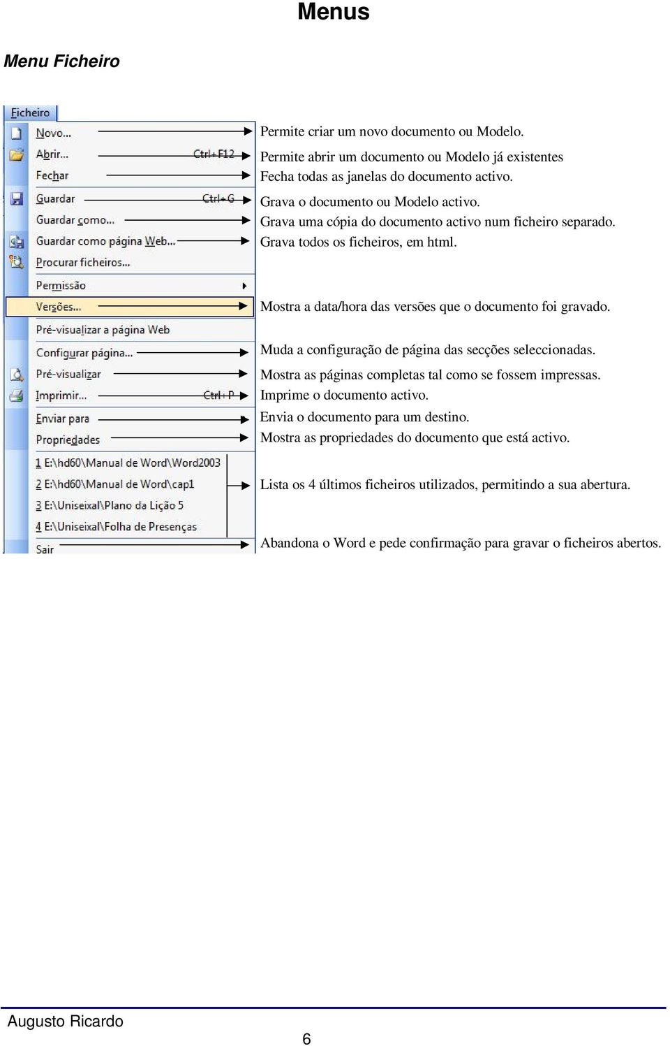 Mostra a data/hora das versões que o documento foi gravado. Muda a configuração de página das secções seleccionadas. Mostra as páginas completas tal como se fossem impressas.