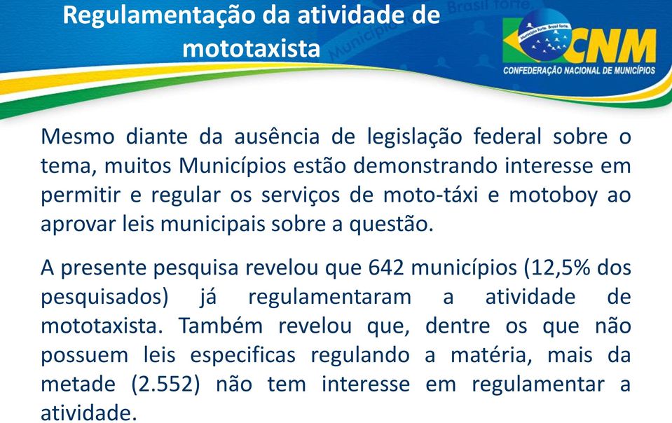 A presente pesquisa revelou que 642 municípios (12,5% dos pesquisados) já regulamentaram a atividade de mototaxista.