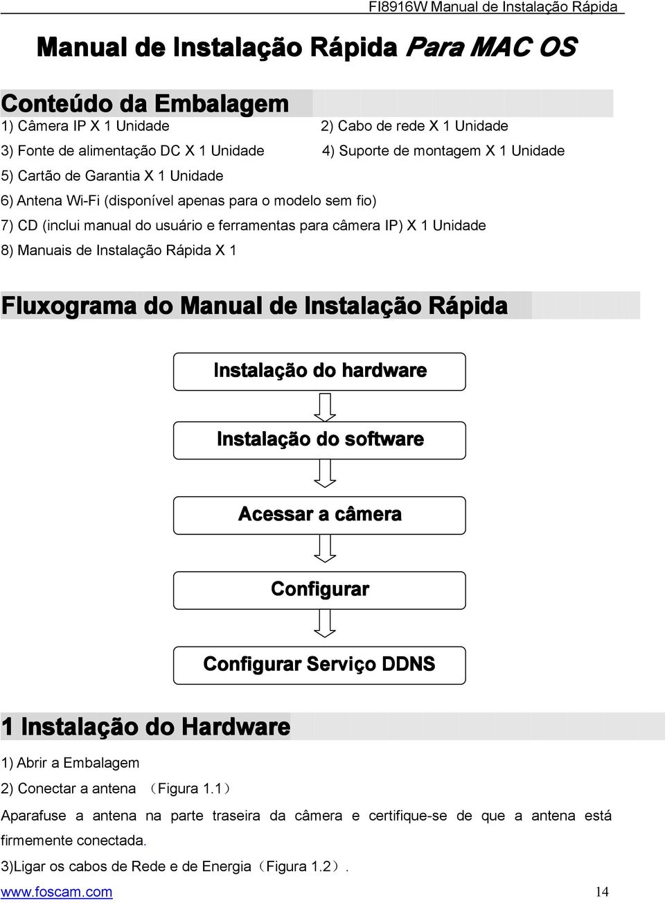 Fluxograma do Manual de Instalaçã ção Rápida Instalaçã ção do hardware Instalaçã ção do software Acessar a câmera Configurar Configurar Serviço DDNS 1 Instalaçã ção do Hardware 1) Abrir a Embalagem