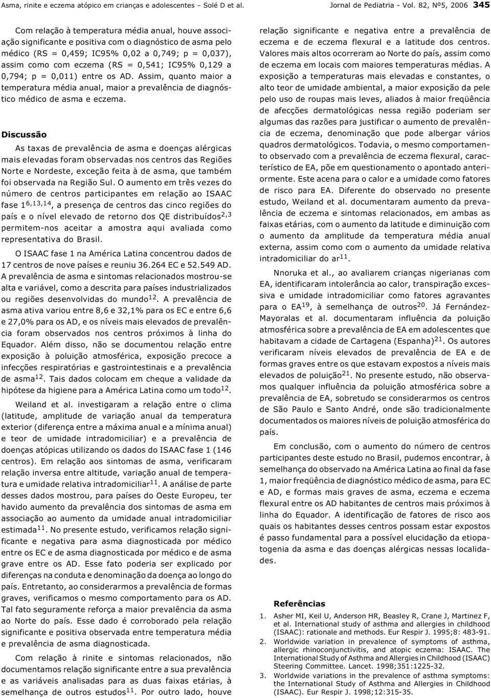 eczema (RS = 0,541; IC95% 0,129 a 0,794; p = 0,011) entre os AD. Assim, quanto maior a temperatura média anual, maior a prevalência de diagnóstico médico de asma e eczema.