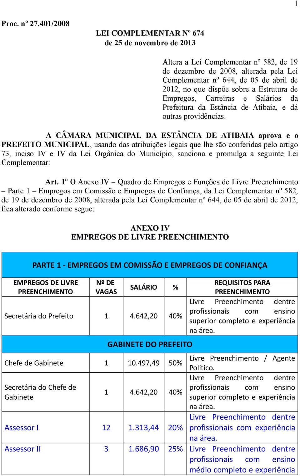 sobre a Estrutura de Empregos, Carreiras e Salários da Prefeitura da Estância de Atibaia, e dá outras providências.