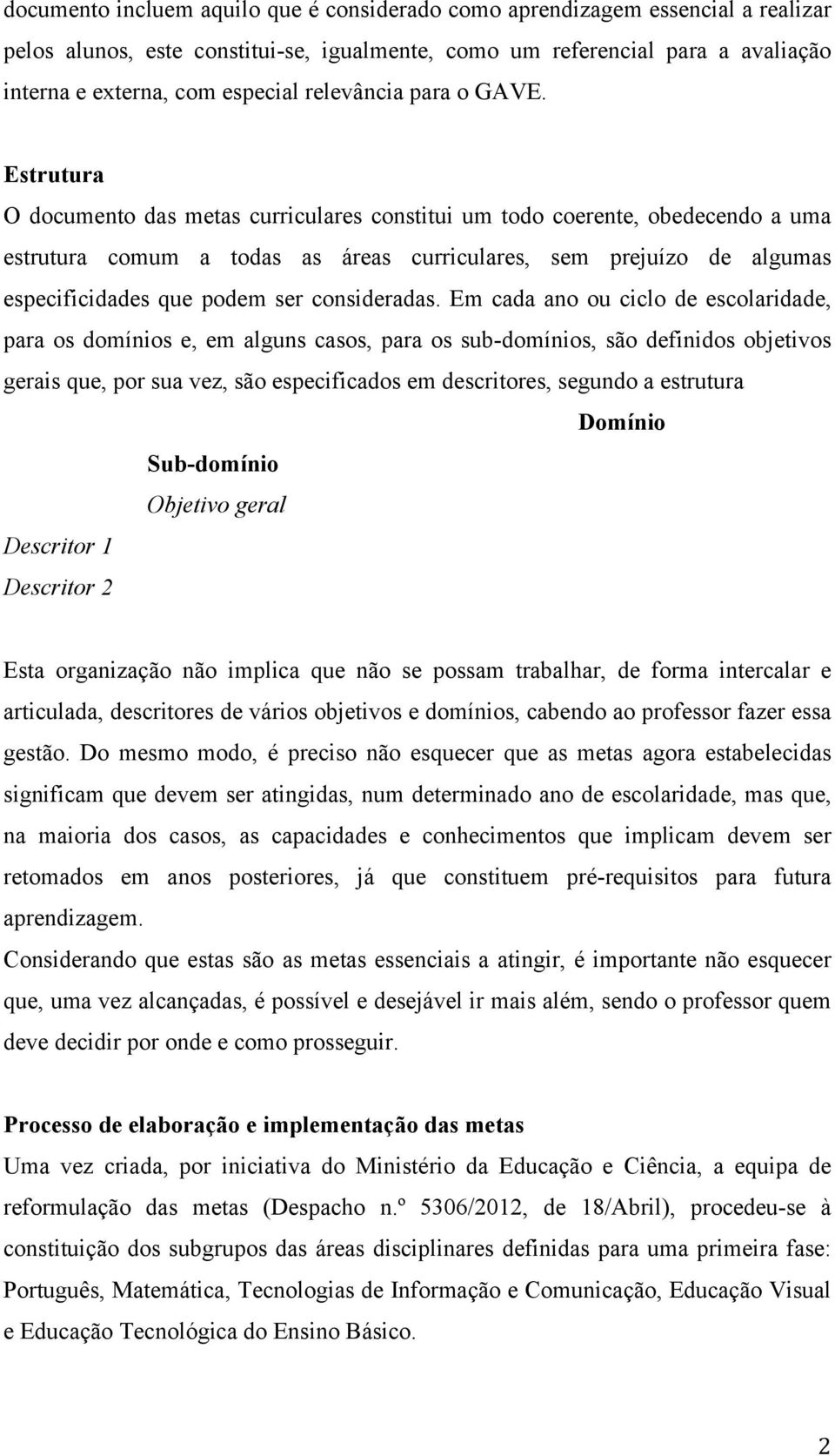 Estrutura O documento das metas curriculares constitui um todo coerente, obedecendo a uma estrutura comum a todas as áreas curriculares, sem prejuízo de algumas especificidades que podem ser