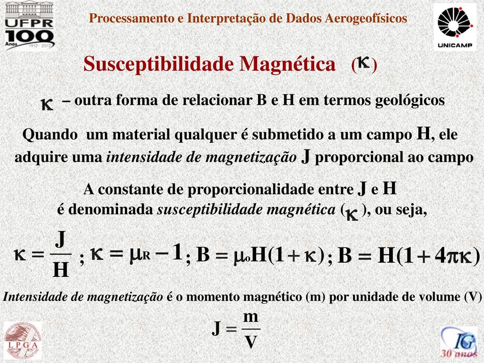 proporcional ao campo A constante de proporcionalidade entre J e H é denominada susceptibilidade magnética ( ), ou seja, J κ =