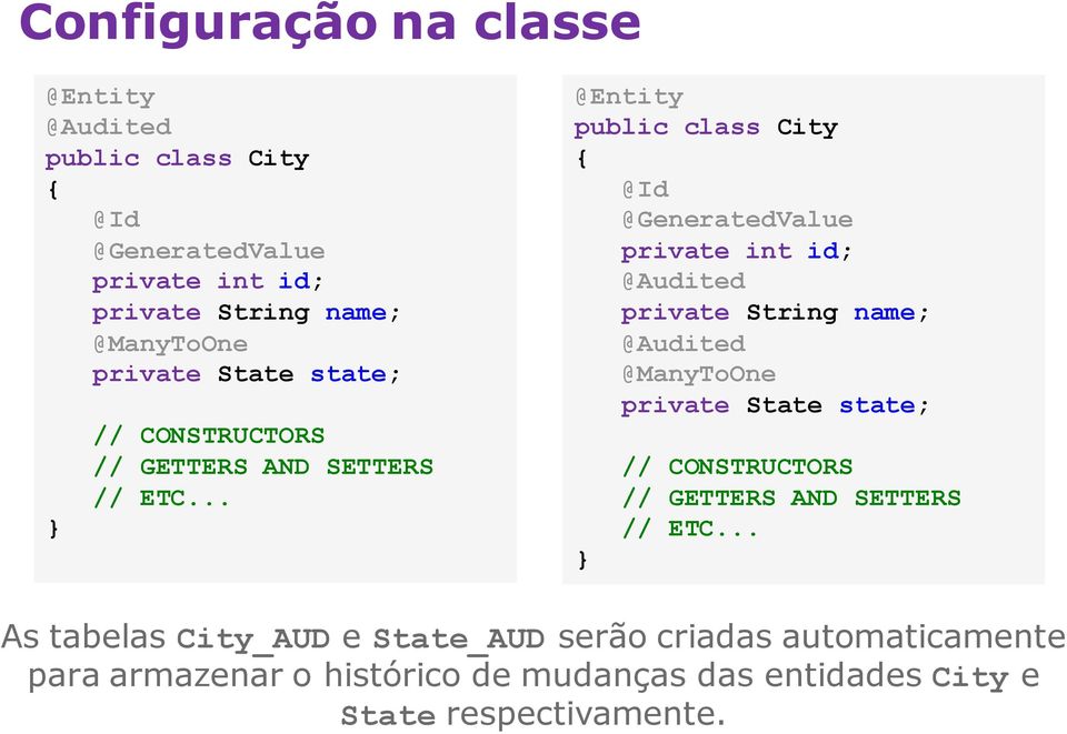 .. @Entity public class City { @Id @GeneratedValue private int id; @Audited private String name; @Audited @ManyToOne .