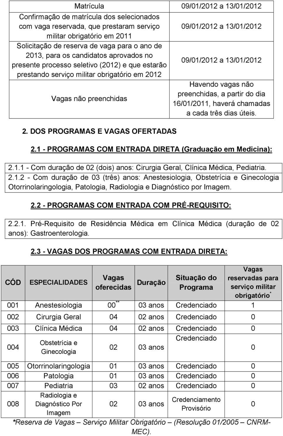 DOS PROGRAMAS E VAGAS OFERTADAS 09/01/2012 a 13/01/2012 09/01/2012 a 13/01/2012 Havendo vagas não preenchidas, a partir do dia 16/01/2011, haverá chamadas a cada três dias úteis. 2.