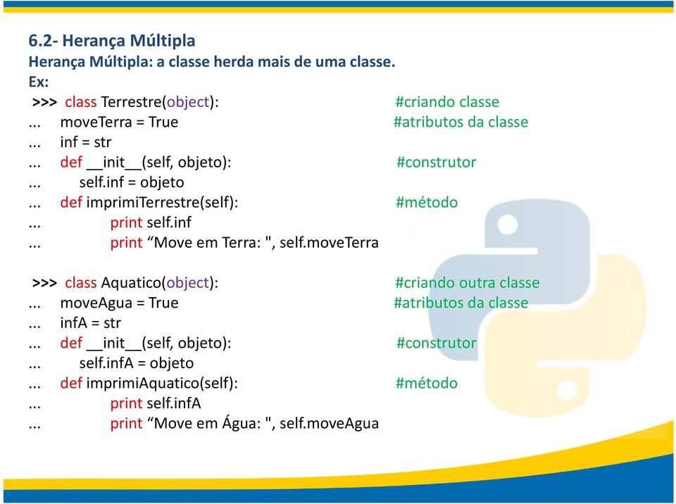 .. def imprimiterrestre(self): #método... print self.inf... print Move em Terra: ", self.moveterra >>> class Aquatico(object): #criando outra classe.