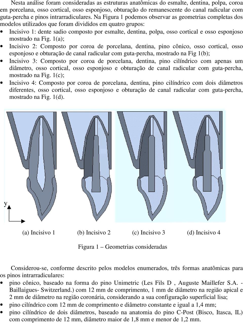 Na Figura 1 podemos observar as geometrias completas dos modelos utilizados que foram divididos em quatro grupos: Incisivo 1: dente sadio composto por esmalte, dentina, polpa, osso cortical e osso
