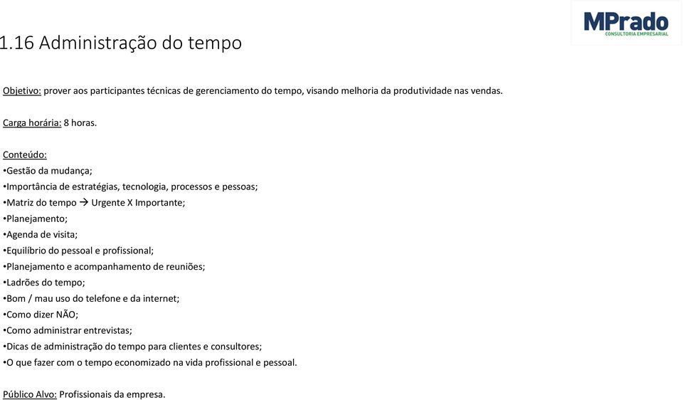 do pessoal e profissional; Planejamento e acompanhamento de reuniões; Ladrões do tempo; Bom / mau uso do telefone e da internet; Como dizer NÃO; Como administrar