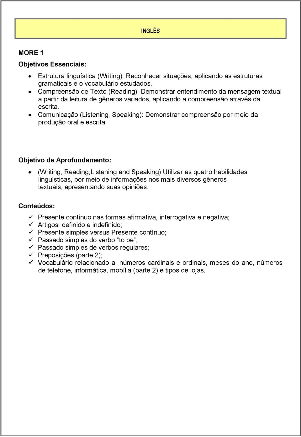 Comunicação (Listening, Speaking): Demonstrar compreensão por meio da produção oral e escrita Objetivo de Aprofundamento: (Writing, Reading,Listening and Speaking) Utilizar as quatro habilidades