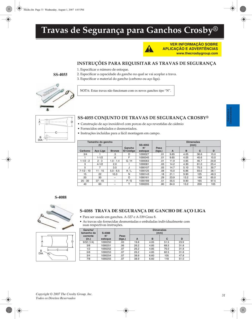 SS-4055 CONJUNTO DE TRAVAS DE SEGURANÇA CROSBY Cnstruçã de aç inxidável cm prcas de aç revestidas de cádmi Frnecis embalas e desmntas. Instruções incluídas para a fácil mntagem em camp.