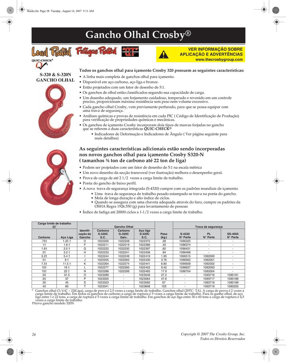 Estã prjetas cm um fatr de desenh de 5:1. Os ganchs de lhal estã classificas segun sua capacidade de carga.