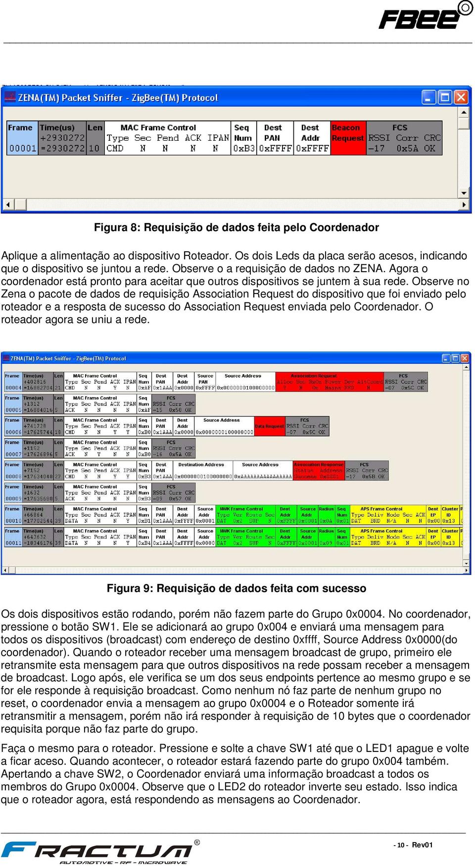 Observe no Zena o pacote de dados de requisição Association Request do dispositivo que foi enviado pelo roteador e a resposta de sucesso do Association Request enviada pelo Coordenador.