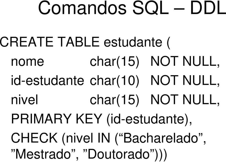 nivel char(15) NOT NULL, PRIMARY KEY