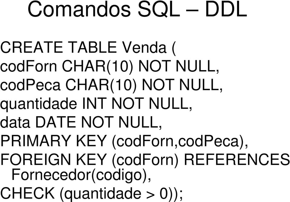 data DATE NOT NULL, PRIMARY KEY (codforn,codpeca), FOREIGN