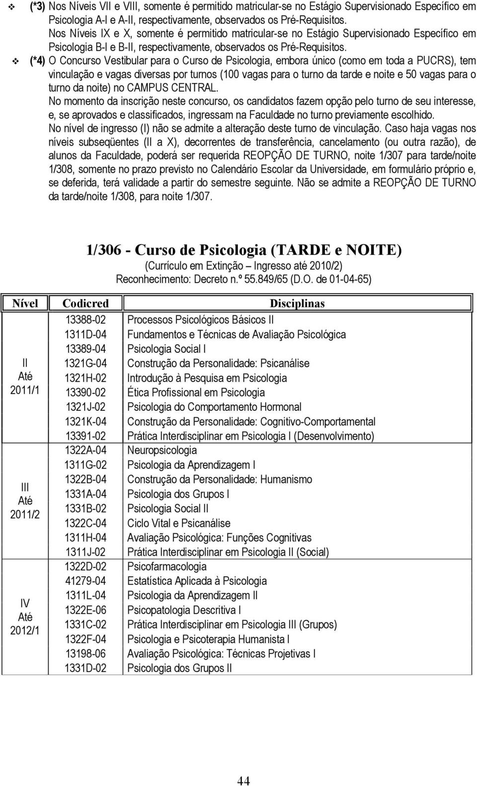 (*4) O Concurso Vestibular para o Curso de Psicologia, embora único (como em toda a PUCRS), tem vinculação e vagas diversas por turnos (100 vagas para o turno da tarde e noite e 50 vagas para o turno