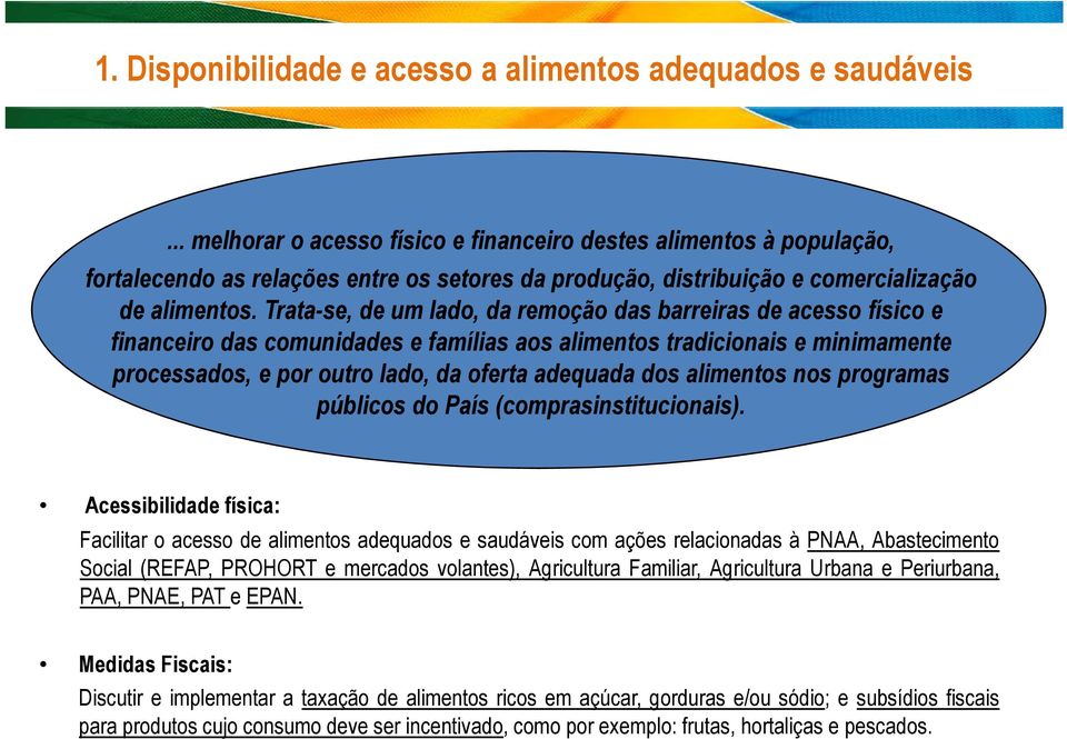 Trata-se, de um lado, da remoção das barreiras de acesso físico e financeiro das comunidades e famílias aos alimentos tradicionais e minimamente processados, e por outro lado, da oferta adequada dos