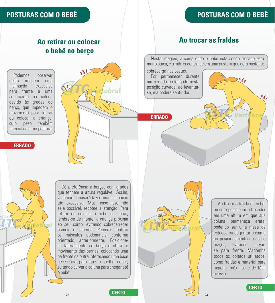 Ao retirar ou colocar o bebê no berço Ao trocar as fraldas Nesta imagem, a cama onde o bebê está sendo trocado está muito baixa, e a mãe encontra-se em uma postura que gera bastante sobrecarga nas