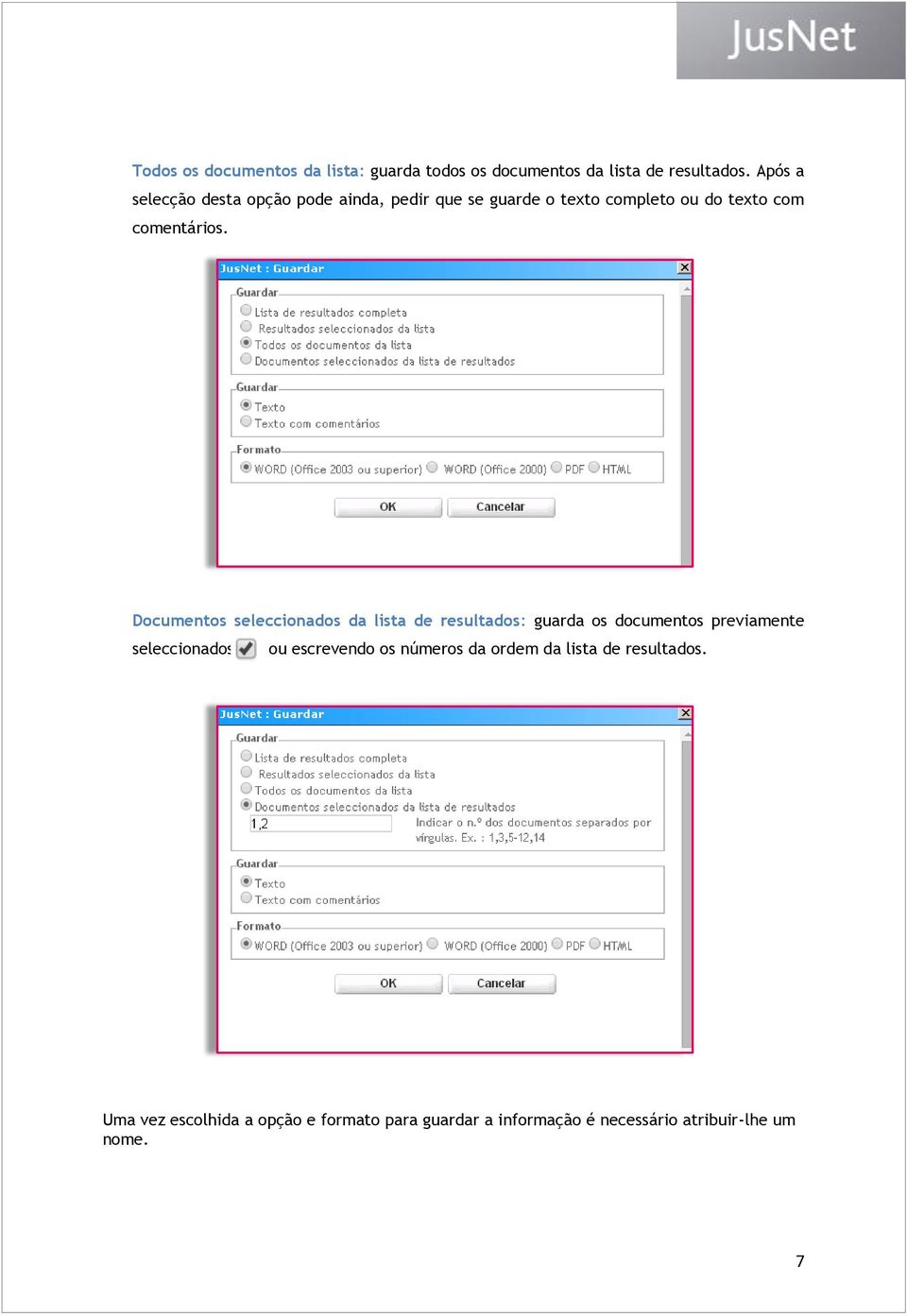 Documentos seleccionados da lista de resultados: guarda os documentos previamente seleccionados ou escrevendo