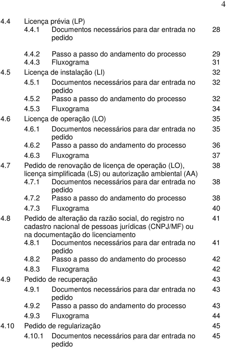 Licença de operação (LO) 35 4.6.1 Documentos necessários para dar entrada no 35 pedido 4.6.2 Passo a passo do andamento do processo 36 4.6.3 Fluxograma 37 4.