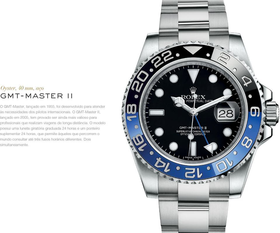 O GMT Master II, lançado em 2005, tem provado ser ainda mais valioso para profissionais que realizam viagens de