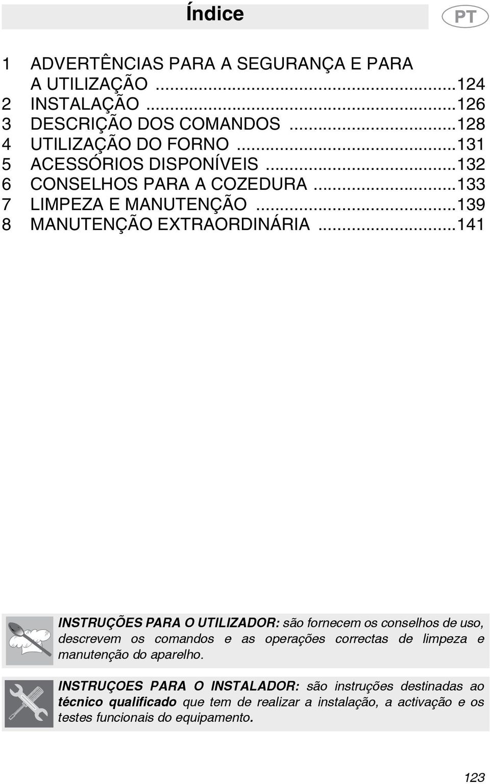 ..141 INSTRUÇÕES PARA O UTILIZADOR: são fornecem os conselhos de uso, descrevem os comandos e as operações correctas de limpeza e manutenção do