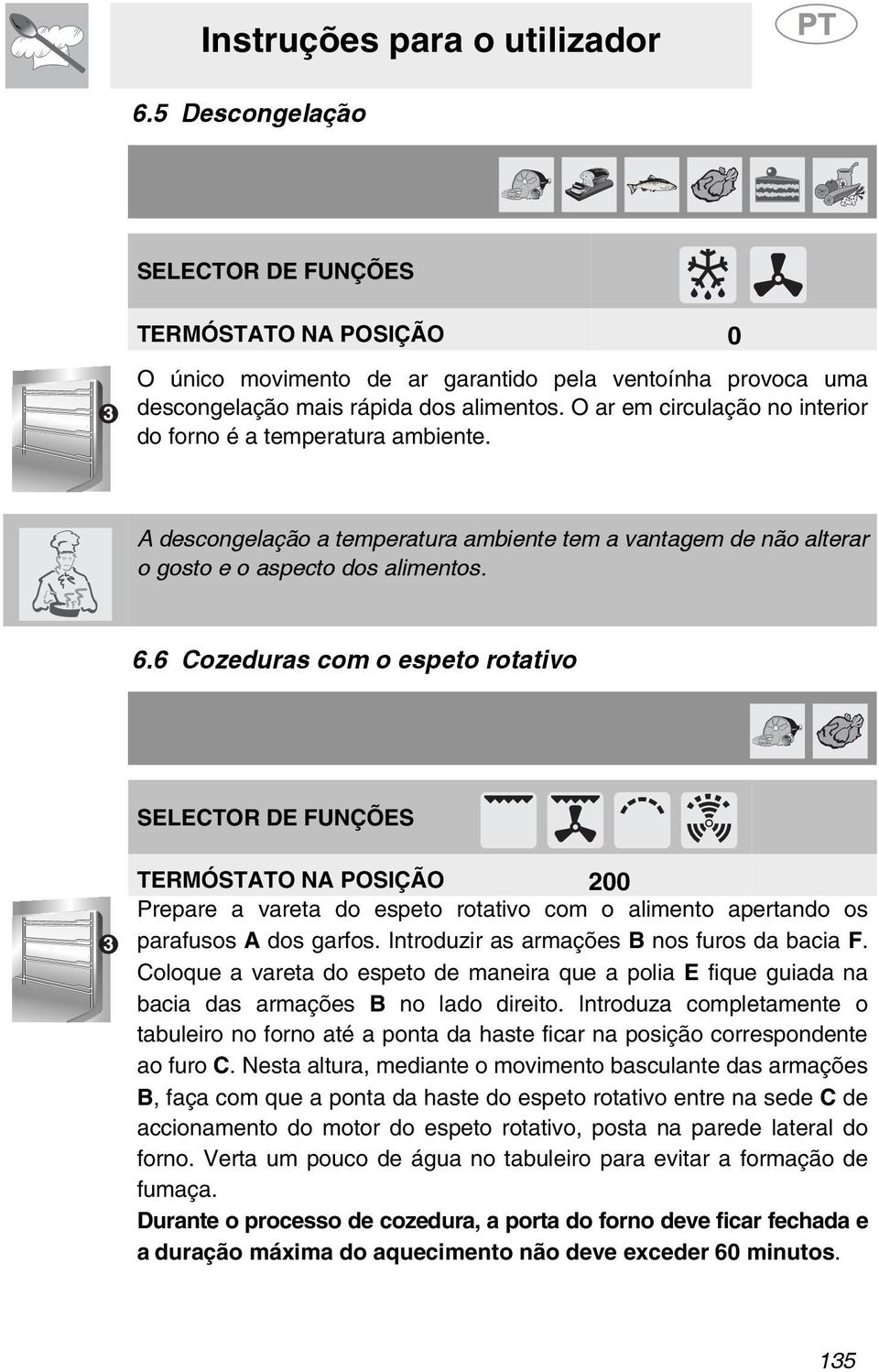 6 Cozeduras com o espeto rotativo SELECTOR DE FUNÇÕES TERMÓSTATO NA POSIÇÃO 00 Prepare a vareta do espeto rotativo com o alimento apertando os parafusos A dos garfos.