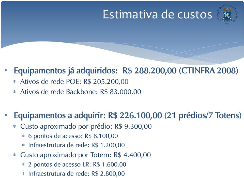 100,00 (21 prédios/7 Totens) Custo aproximado por prédio: R$ 9.300,00 6 pontos de acesso: R$ 8.