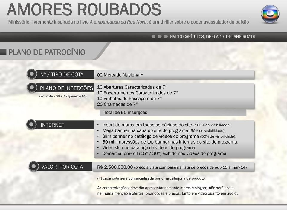 Mega banner na capa do site do programa (50% de visibilidade). Slim banner no catálogo de vídeos do programa (50% de visibilidade). 50 mil impressões de top banner nas internas do site do programa.