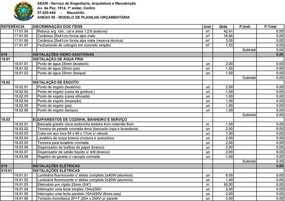 01.03 Ponto de água 25mm (tanque) un 1,00 0,00 18.02 INSTALAÇÃO DE ESGOTO 18.02.01 Ponto de esgoto (lavatório) un 2,00 0,00 18.02.02 Ponto de esgoto (caixa de gordura ) un 1,00 0,00 18.02.03 Ponto de esgoto (caixa sifonada) un 1,00 0,00 18.