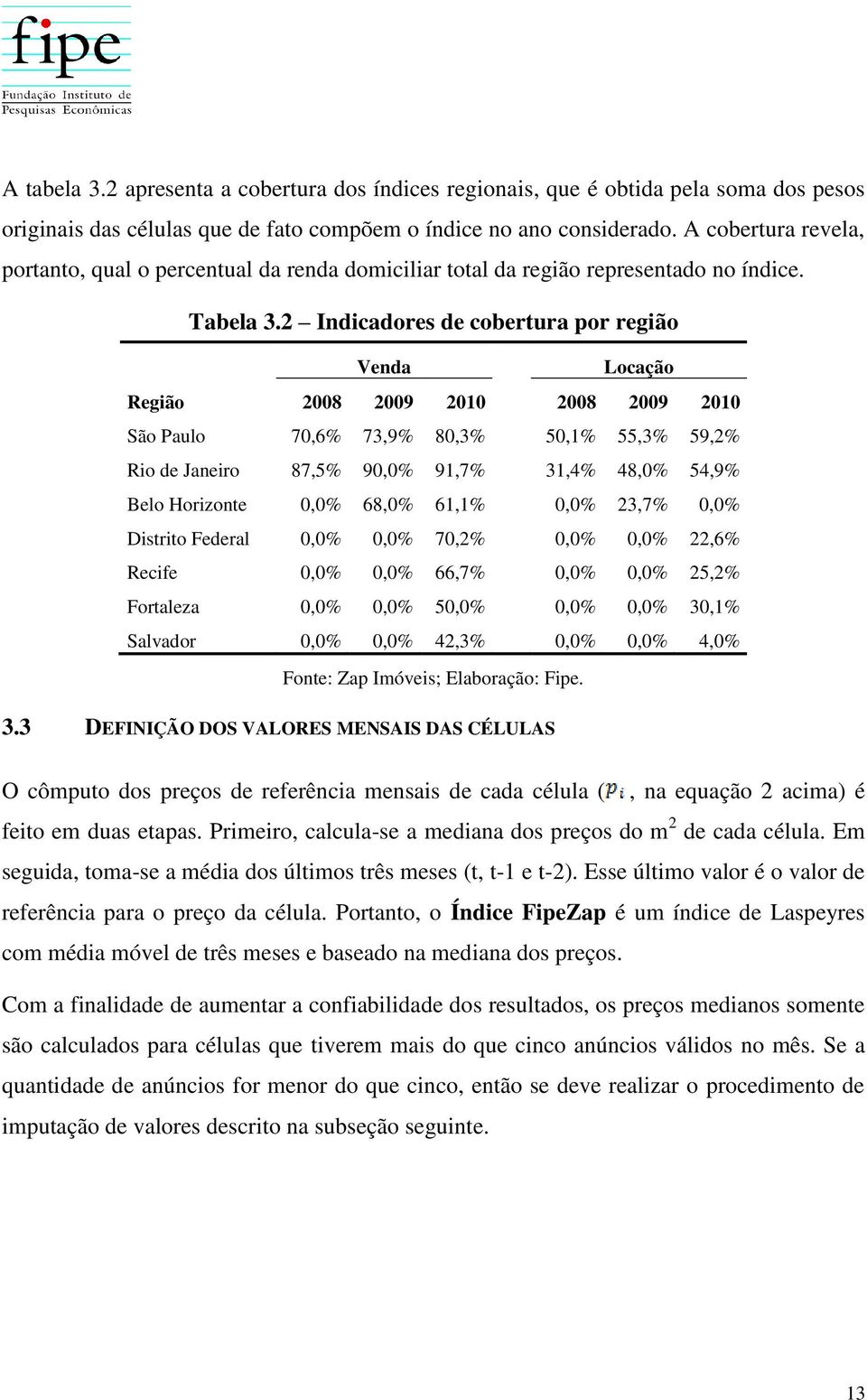 2 Indicadores de cobertura por região Venda Locação Região 2008 2009 2010 2008 2009 2010 São Paulo 70,6% 73,9% 80,3% 50,1% 55,3% 59,2% Rio de Janeiro 87,5% 90,0% 91,7% 31,4% 48,0% 54,9% Belo