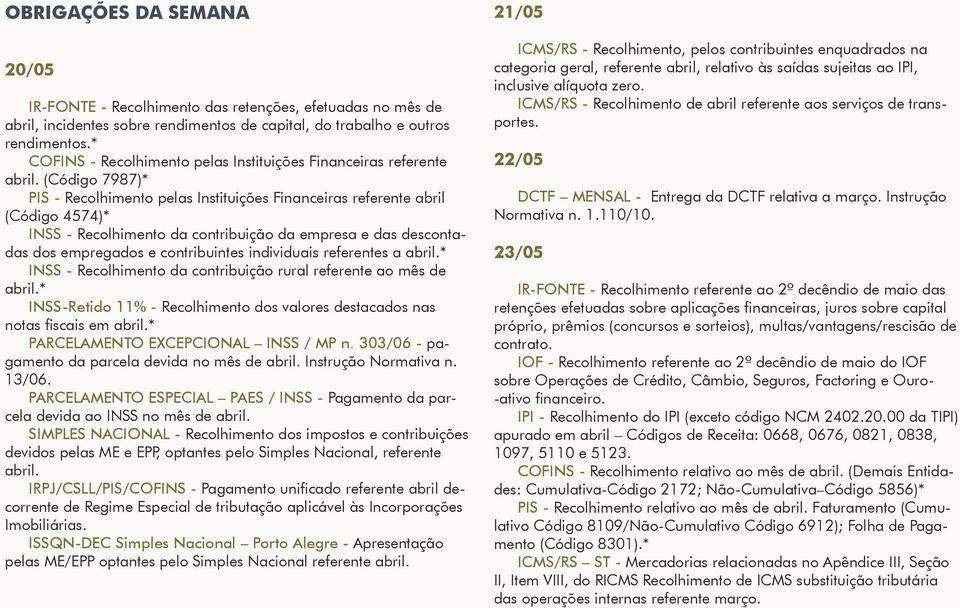 (Código 7987)* PIS - Recolhimento pelas Instituições Financeiras referente abril (Código 4574)* INSS - Recolhimento da contribuição da empresa e das descontadas dos empregados e contribuintes