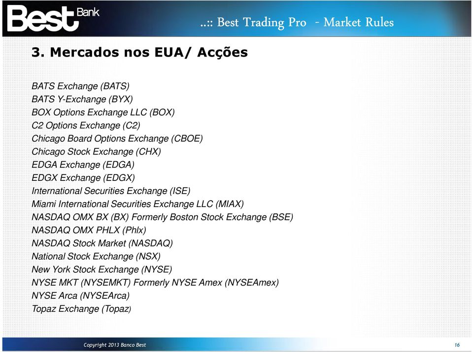 Exchange (CBOE) Chicago Stock Exchange (CHX) EDGA Exchange (EDGA) EDGX Exchange (EDGX) International Securities Exchange (ISE) Miami International Securities