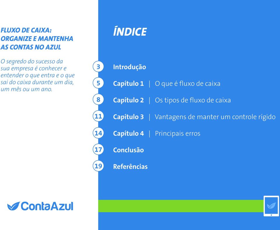 3 5 8 11 14 17 19 ÍNDICE Introdução Capítulo 1 O que é fluxo de caixa Capítulo 2 Os tipos de