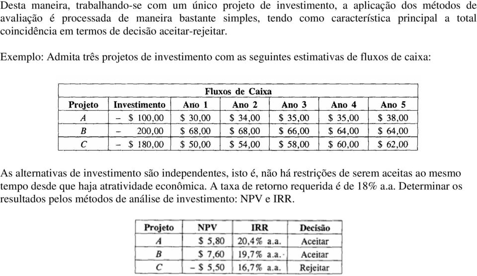 Exemplo: Admita três projetos de investimento com as seguintes estimativas de fluxos de caixa: As alternativas de investimento são independentes, isto