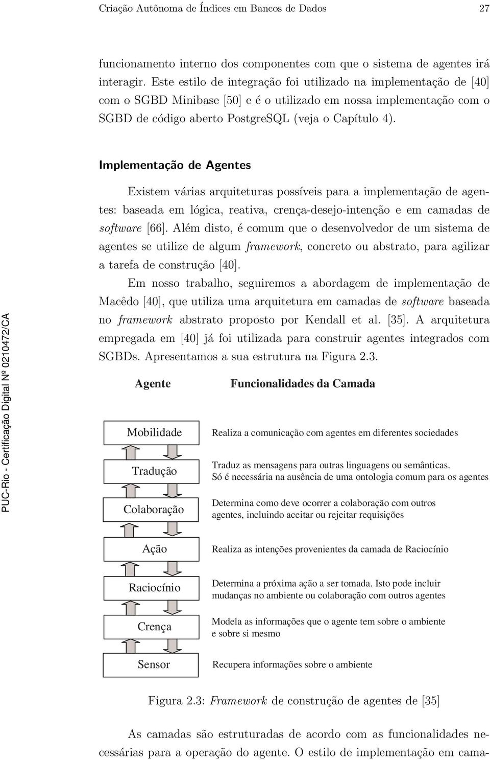 Implementação de Agentes Existem várias arquiteturas possíveis para a implementação de agentes: baseada em lógica, reativa, crença-desejo-intenção e em camadas de software [66].