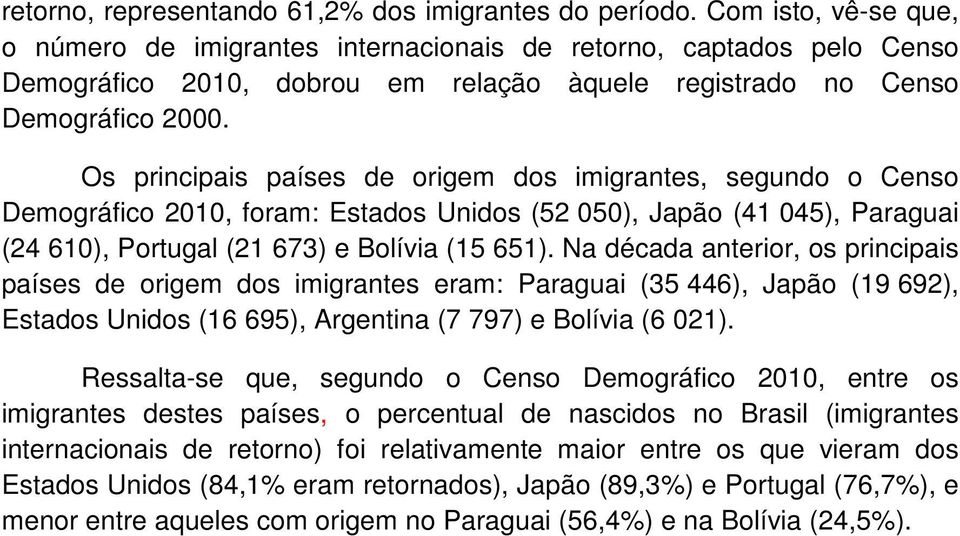 Os principais países de origem dos imigrantes, segundo o Censo Demográfico 2010, foram: Estados Unidos (52 050), Japão (41 045), Paraguai (24 610), Portugal (21 673) e Bolívia (15 651).