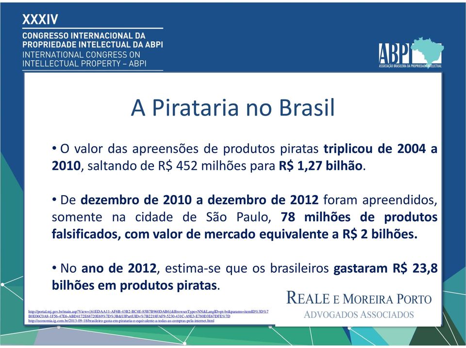 No ano de 2012, estima-se que os brasileiros gastaram R$ 23,8 bilhões em produtos piratas. http://portal.mj.gov.br/main.asp?