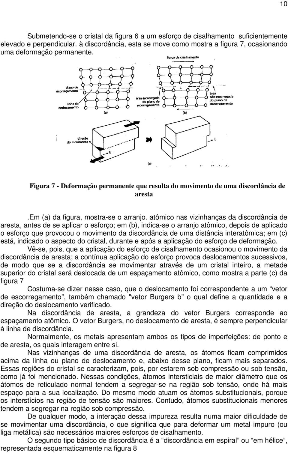 atômico nas vizinhanças da discordância de aresta, antes de se aplicar o esforço; em (b), indica-se o arranjo atômico, depois de aplicado o esforço que provocou o movimento da discordância de uma