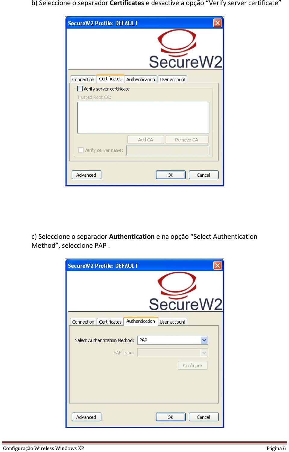 separador Authentication e na opção Select