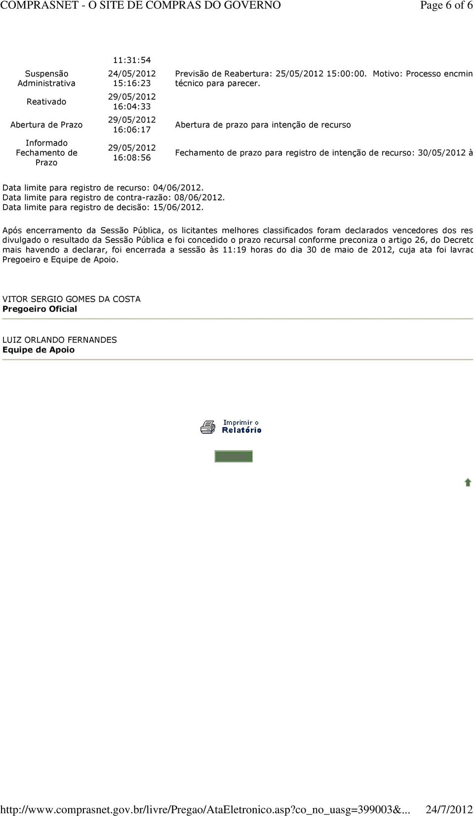 Data limite para registro de recurso: 04/06/2012. Data limite para registro de contra-razão: 08/06/2012. Data limite para registro de decisão: 15/06/2012.