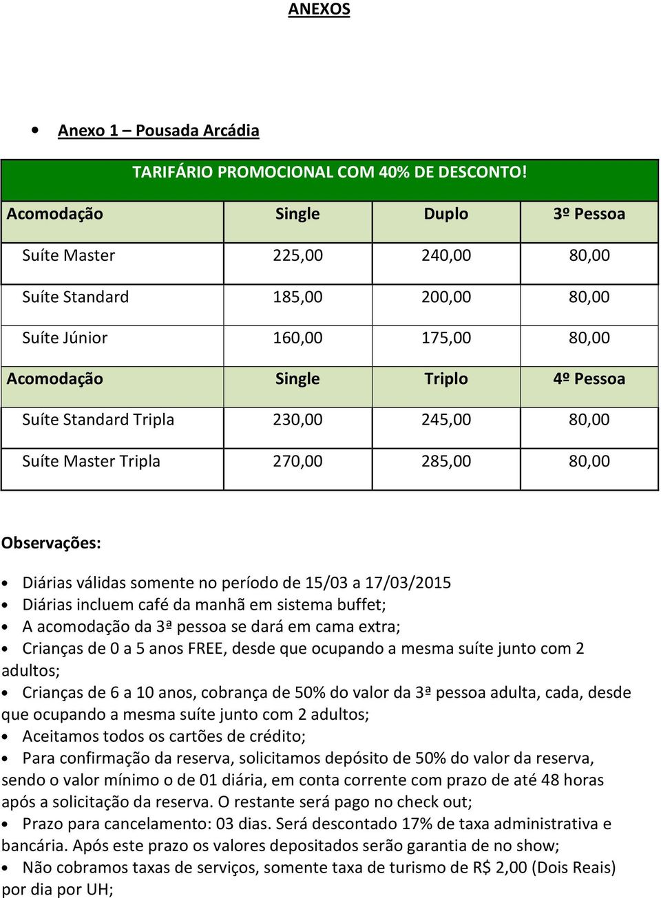 245,00 80,00 Suíte Master Tripla 270,00 285,00 80,00 Observações: Diárias válidas somente no período de 15/03 a 17/03/2015 Diárias incluem café da manhã em sistema buffet; A acomodação da 3ª pessoa