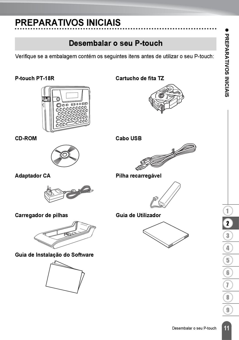 PREPARATIVOS INICIAIS CD-ROM Cabo USB Adaptador CA Pilha recarregável Carregador