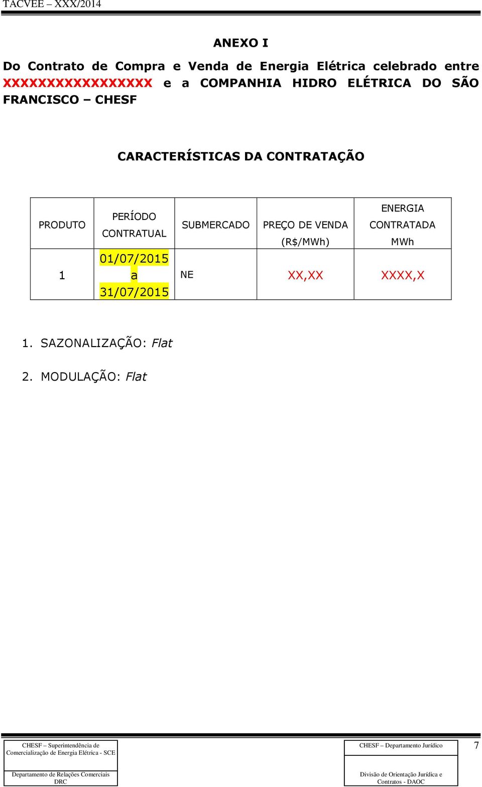 DA CONTRATAÇÃO PRODUTO 1 PERÍODO CONTRATUAL 01/07/2015 a 31/07/2015 ENERGIA SUBMERCADO