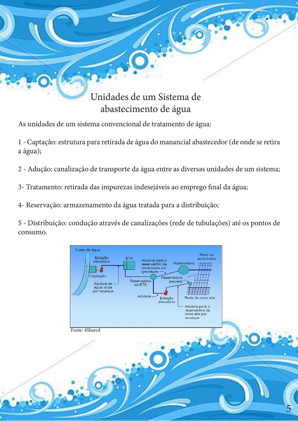 unidades de um sistema; 3- Tratamento: retirada das impurezas indesejáveis ao emprego final da água; 4- Reservação: armazenamento da água