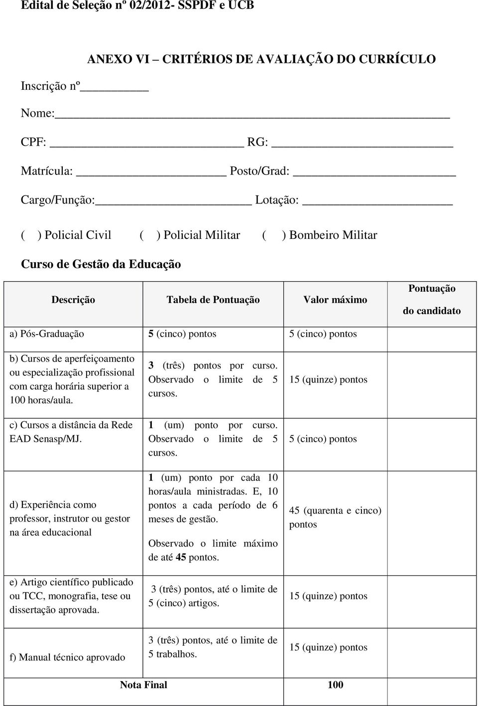 aperfeiçoamento ou especialização profissional com carga horária superior a 100 horas/aula. c) Cursos a distância da Rede EAD Senasp/MJ.