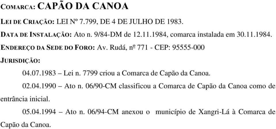 7799 criou a Comarca de Capão da Canoa. 02.04.1990 Ato n.