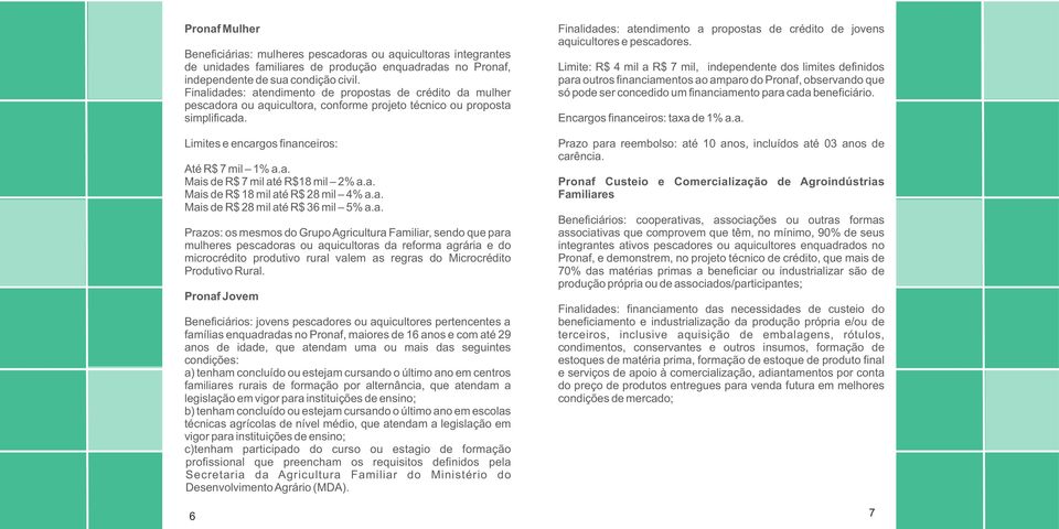 a. Mais de R$ 18 mil até R$ 28 mil 4% a.a. Mais de R$ 28 mil até R$ 36 mil 5% a.a. Prazos: os mesmos do Grupo Agricultura Familiar, sendo que para mulheres pescadoras ou aquicultoras da reforma