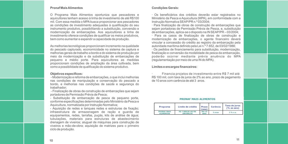 embarcações. Aos aquicultores a linha de investimento oferece condições de qualificar os meios produtivos, bem como aumentar e expandir a capacidade de produção.