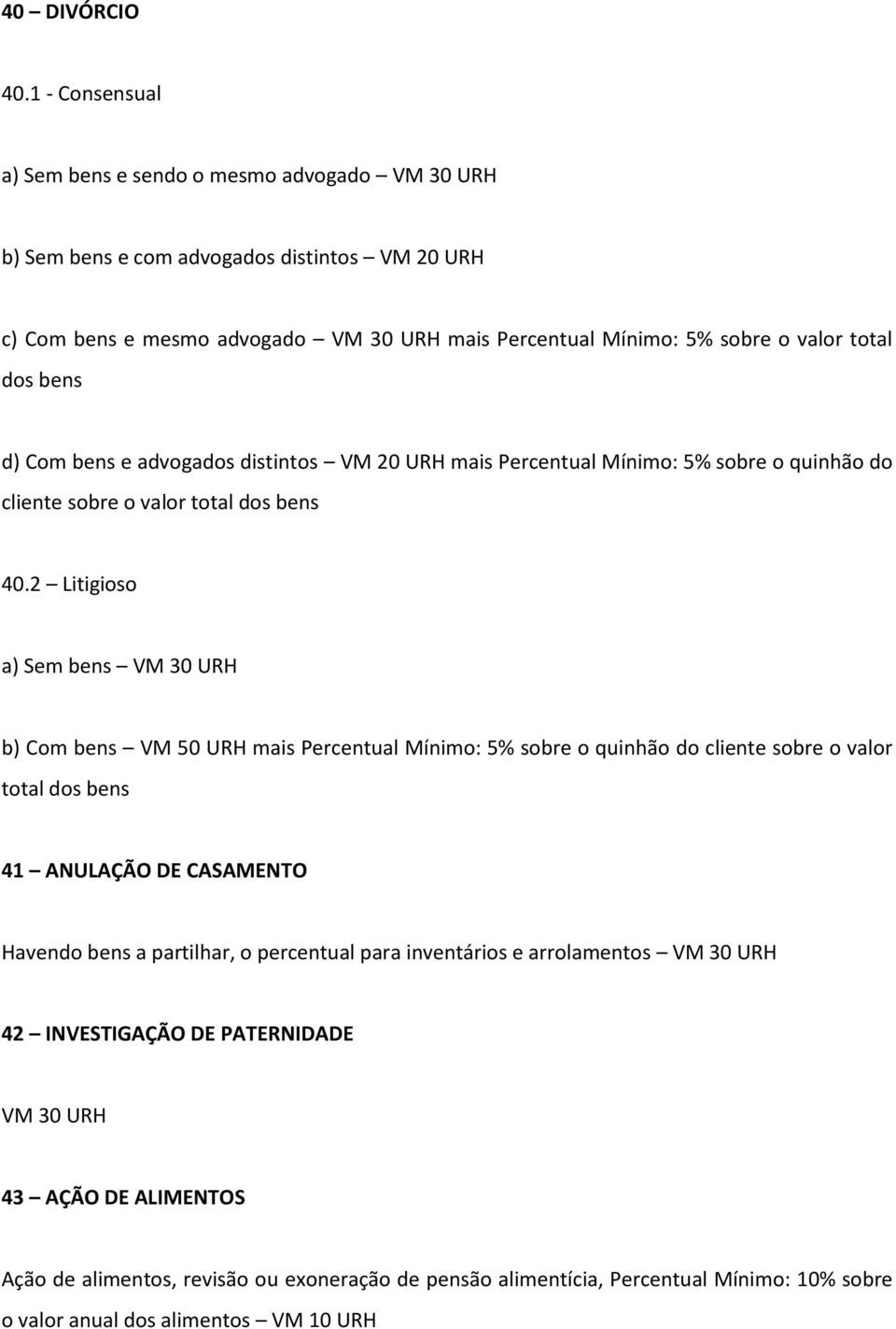 dos bens d) Com bens e advogados distintos VM 20 URH mais Percentual Mínimo: 5% sobre o quinhão do cliente sobre o valor total dos bens 40.