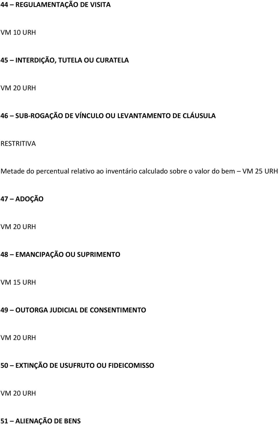 sobre o valor do bem VM 25 URH 47 ADOÇÃO VM 20 URH 48 EMANCIPAÇÃO OU SUPRIMENTO VM 15 URH 49 OUTORGA